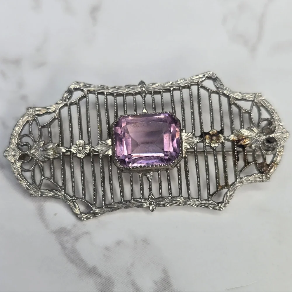 Antique Art Deco Sterling Silver Filigree Purple Crystal Bar Brooch CKB Pin 5.5g